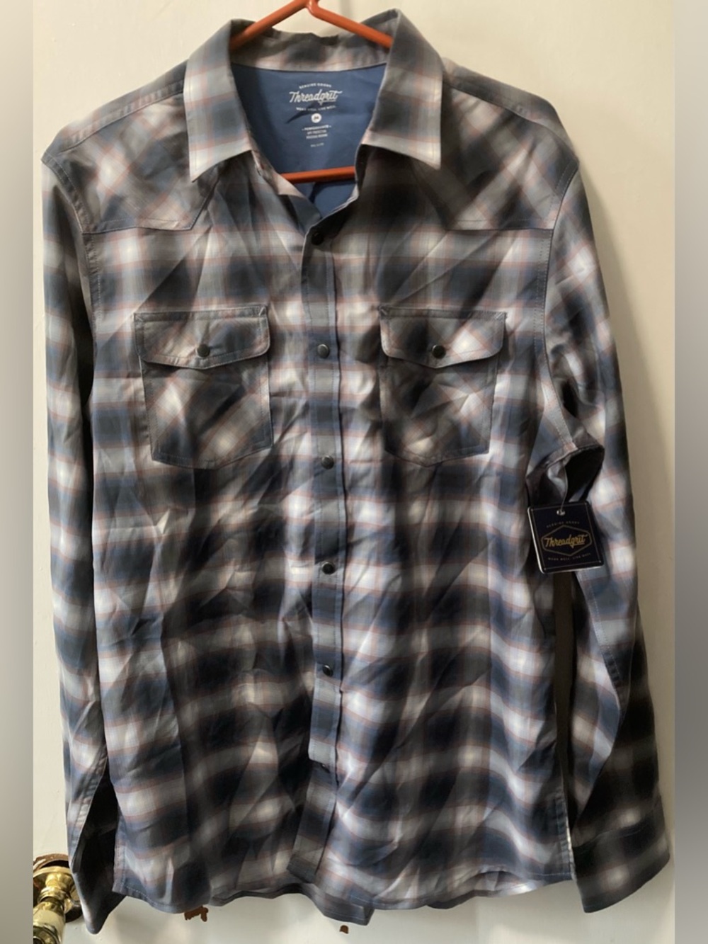 Threadgrit Plaid Men's Button Up Western Shirt With Snapped Buttons Size Medium